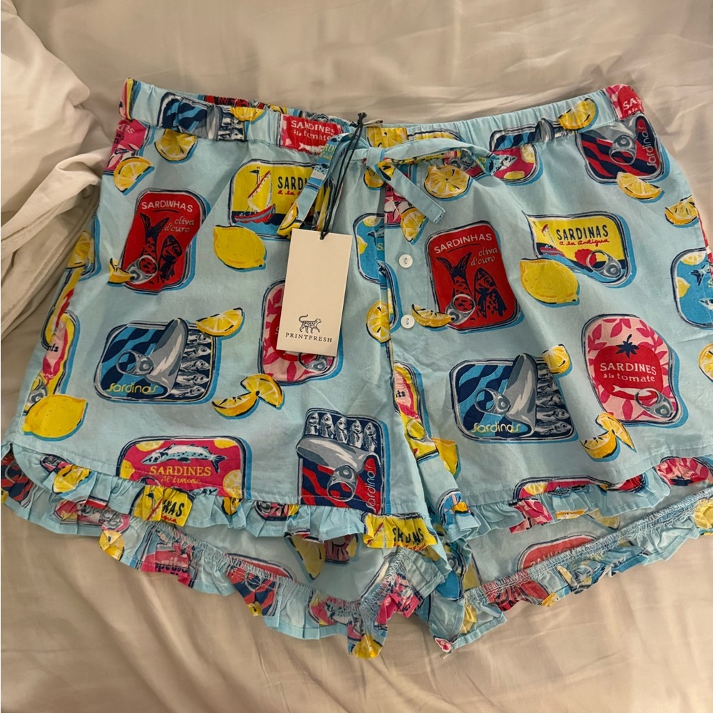 Printfresh Light Blue Sardine & Lemon Print Ruffle Shorts